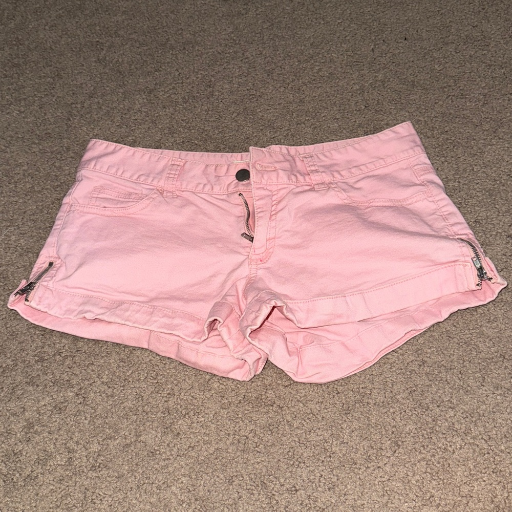 Pink Denim Shorts with Zipper Accents